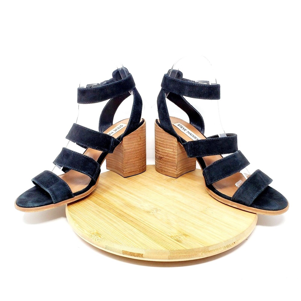 Steve Madden Sandals Womens 7.5 Black Velvet Straps Fishtail Block Heel Shoes
